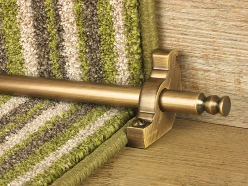 Antique brass stair rod securing a striped green carpet runner.