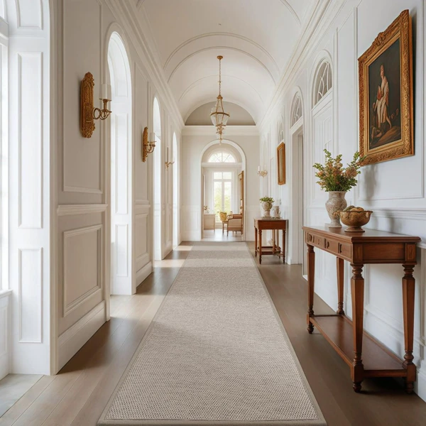 Beige woven runner carpet in a grand classic hallway