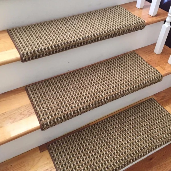 Brown and beige checkerboard-patterned carpet stair treads
