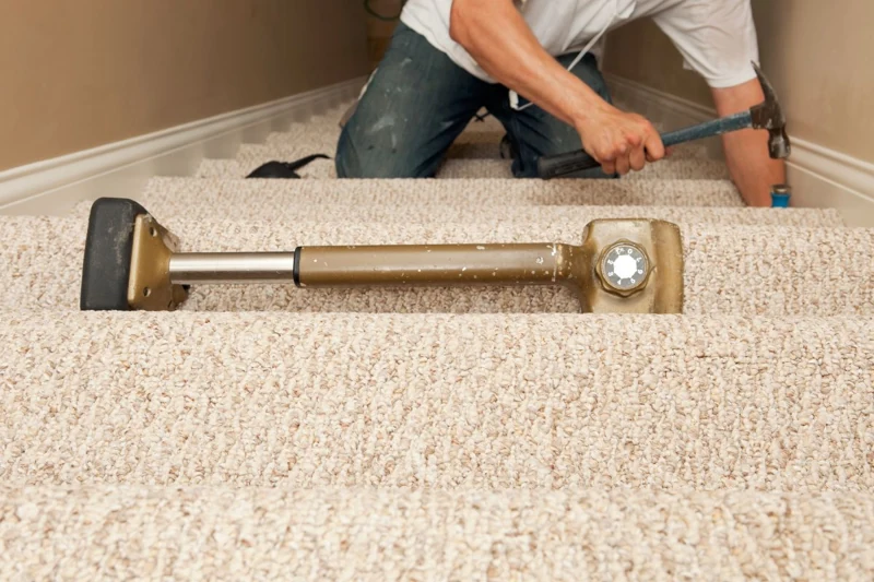 Carpet knee kicker tool resting on carpeted stairs