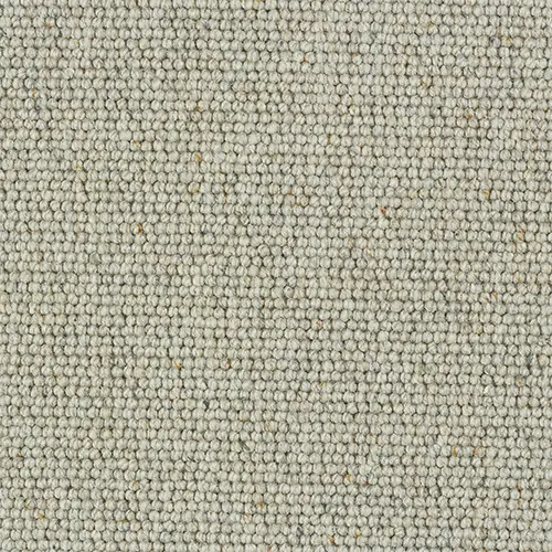 Close-up texture of beige and grey speckled loop pile carpet.