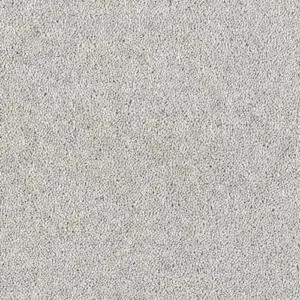 Close-up texture of silver light grey cut pile carpet surface.
