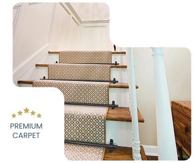 Geometric carpet runner with stair rods on wooden steps