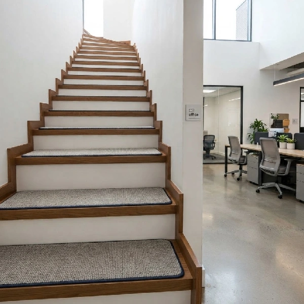 Gray carpet stair treads with dark blue binding on wooden steps