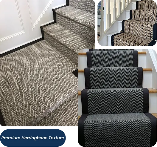 Grey herringbone pattern stair carpet runner.