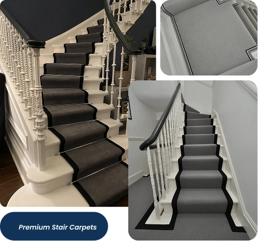 Grey stair carpets with black borders on white stairs