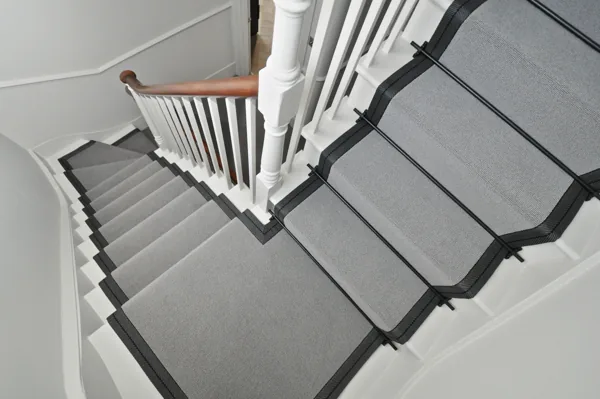 Grey wool stair carpet runner with dark contrasting borders