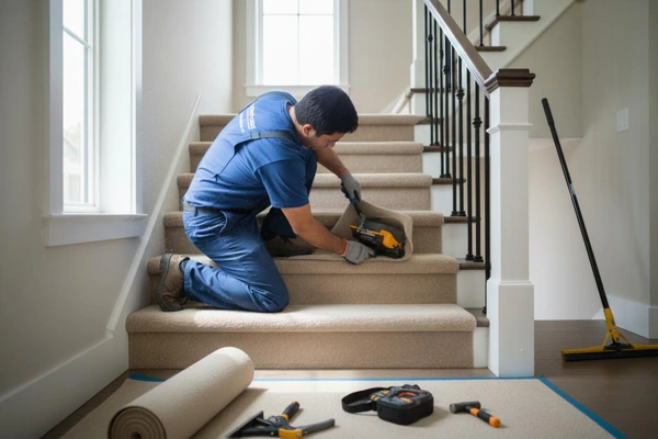 Installer fitting beige carpet onto home staircase steps