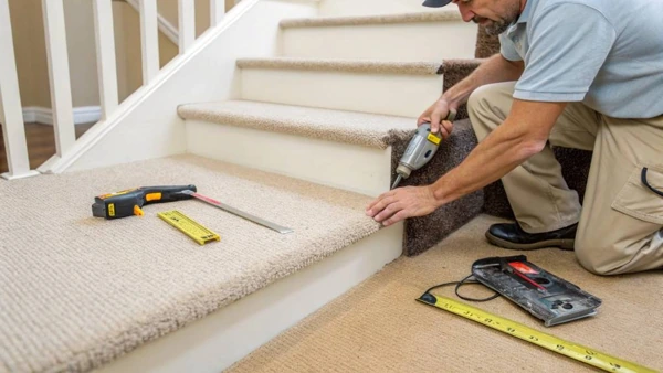 Installer securing carpet runner along staircase edge