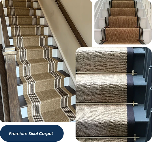 Premium sisal stair carpet runners collage with rods