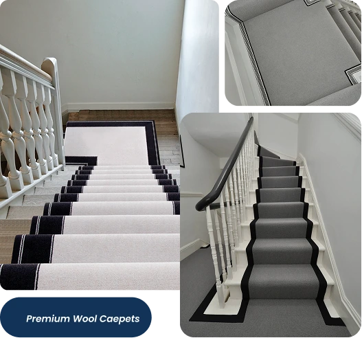 Premium wool stair carpets with dark borders on white stairs