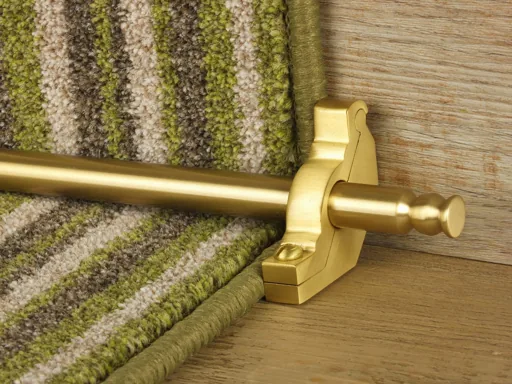 Satin brass stair rod on a green striped carpet runner.
