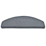 Semi-oval blue-grey carpet stair tread with a bullnose front edge and stitched borders.