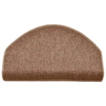 Semi-oval brown carpet stair tread with a bullnose front edge and stitched borders.