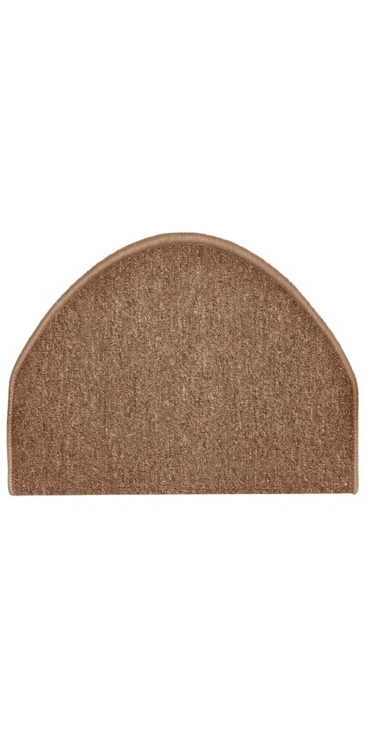Semi-oval brown carpet stair tread with bound edges.