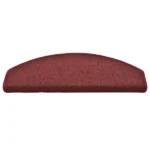 Semi-oval burgundy red carpet stair tread with a bullnose front edge and stitched borders.