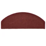 Semi-oval burgundy red carpet stair tread with bound edges.