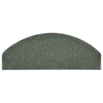Semi-oval dark green carpet stair tread with bound edges.