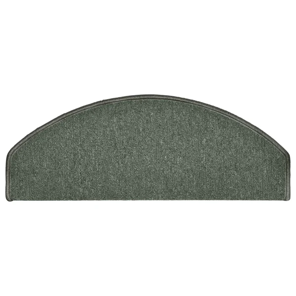 Semi-oval dark green carpet stair tread with bound edges.