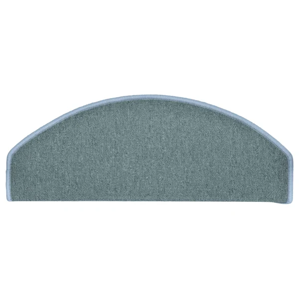 Semi-oval grey carpet stair tread with light blue stitched border.
