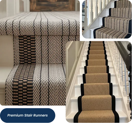 Textured chevron-patterned stair runner featuring alternating dark stripe accents