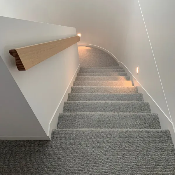 Top-down view of carpeted stair steps leading downward