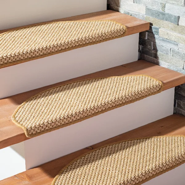 beige carpet stair treads with bound edges on wooden steps
